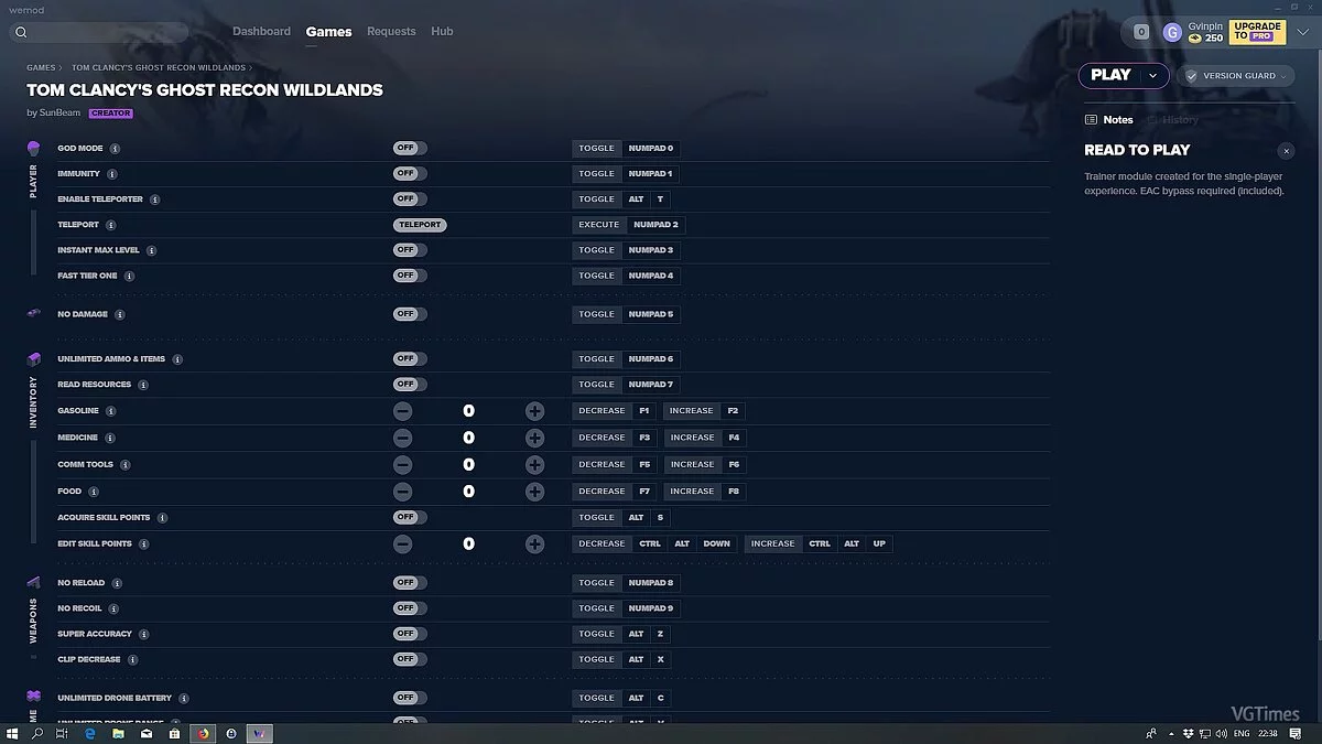 Tom Clancy's Ghost Recon: Wildlands — Трейнер / Trainer (WeMod) [Latest UPlay] [SunBeam]
