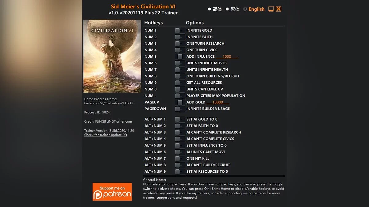 Sid Meier's Civilization 6 — Трейнер (+22) [1.0 - Update: 19.11.2020]