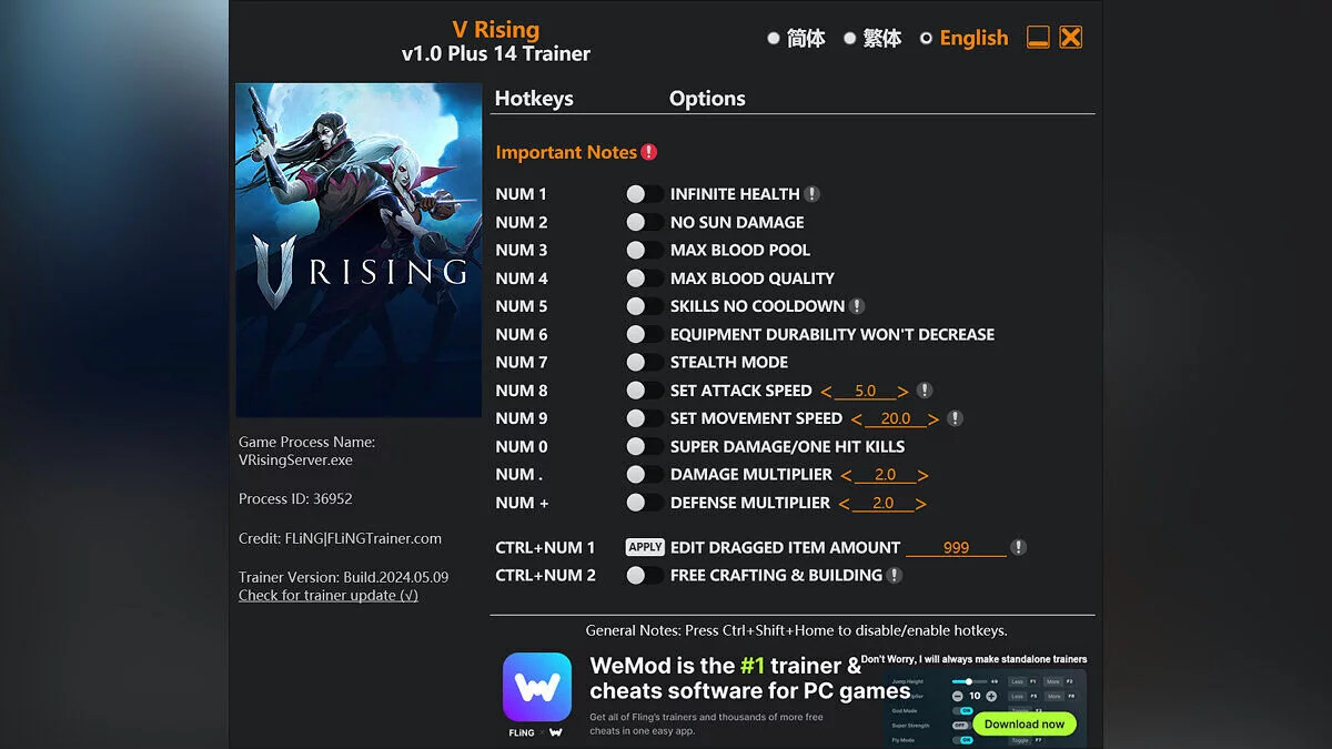 V Rising — Трейнер (+14) [1.0]