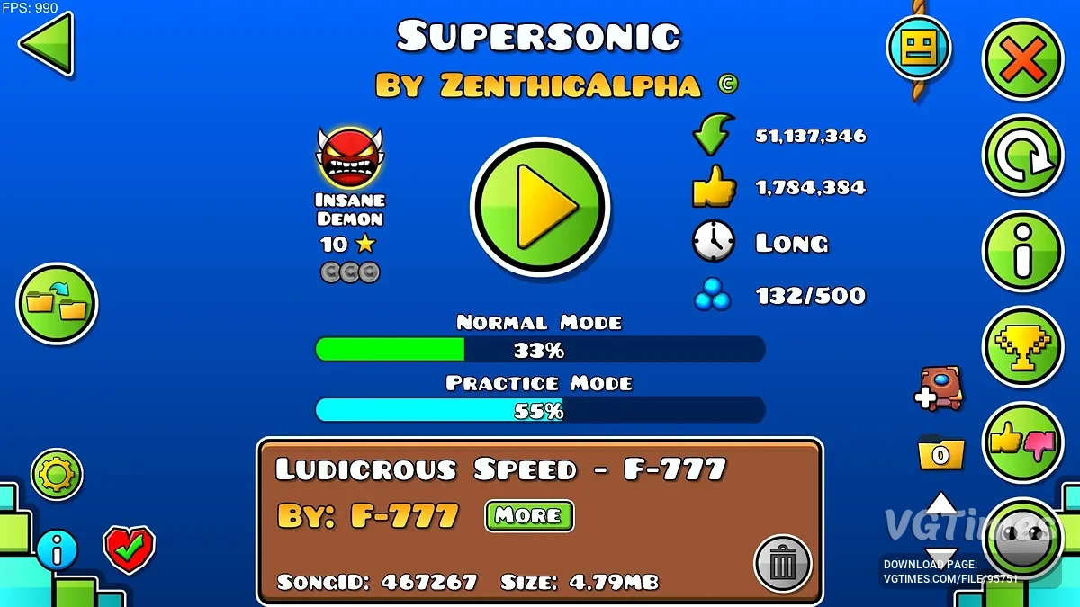 Geometry Dash — Пройдены все официальные уровни на 100% (Все монеты), Все демоны, Прогресс на Supersonic 33%