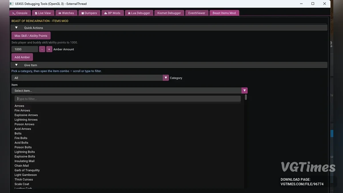 Beast of Reincarnation — Give Items Mod — UE4SS GUI