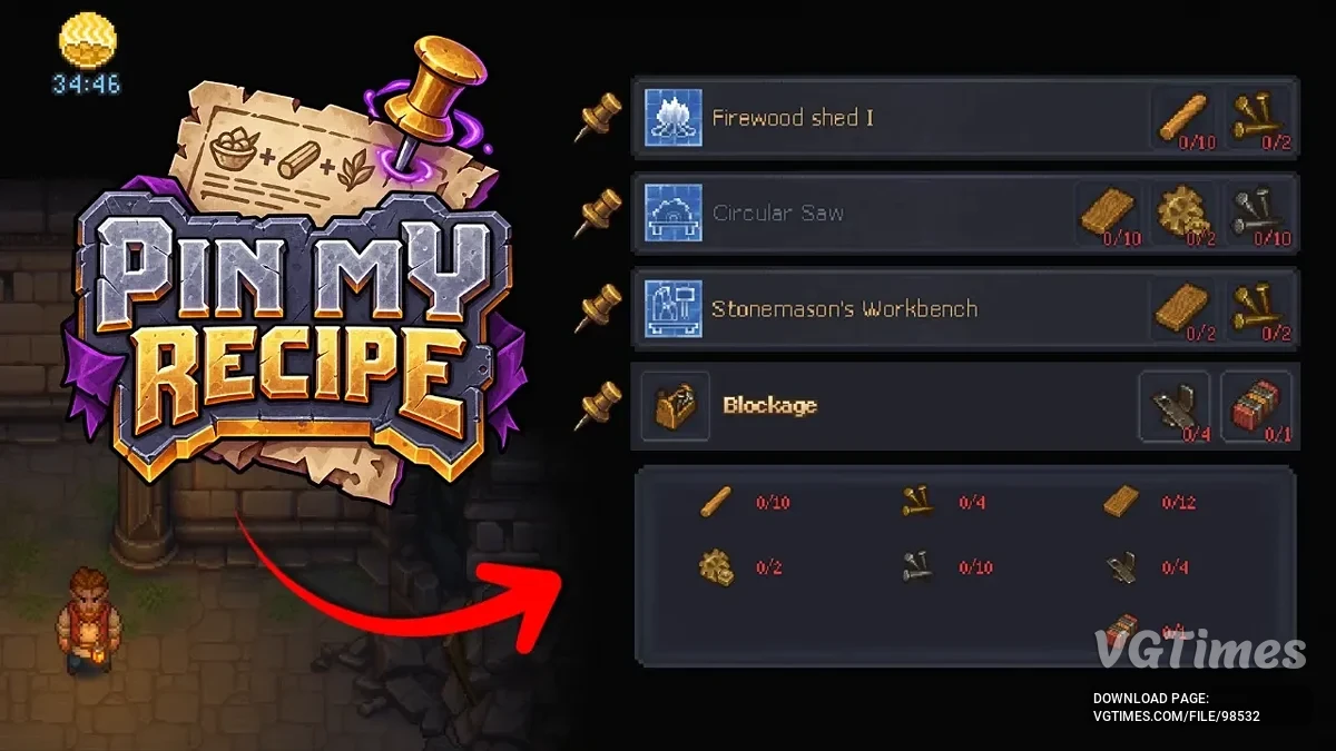 Graveyard Keeper 2 — Pin My Recipe — закрепление рецептов на экране, HUD-трекер крафта и подсчёт ресурсов
